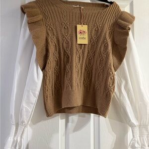 Brown Cable Knit Sweater with Ruffle Sleeves